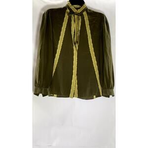 SERGE NANCEL Women’s Vintage Green-Yellow Tie-Neck Button-Up Too SZ 36(US6)